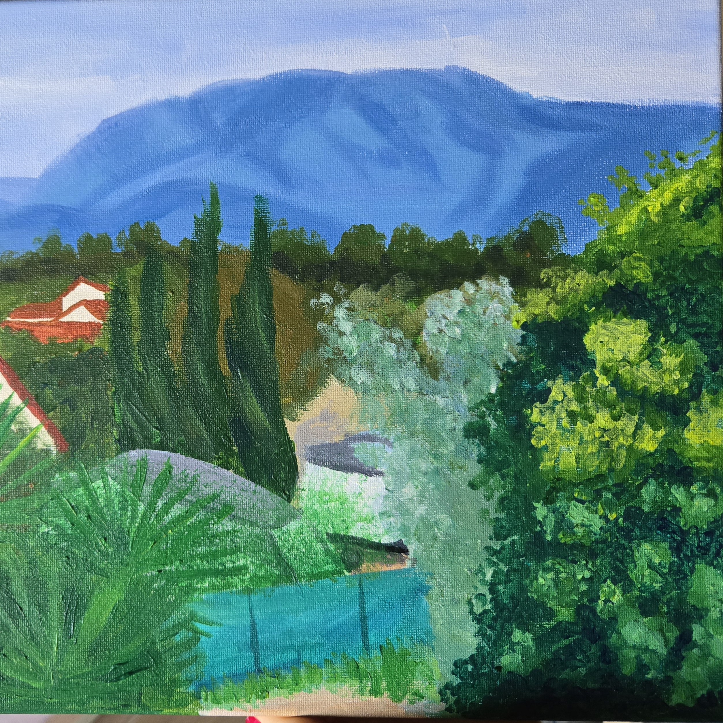painting of a landscape with trees and mountains
